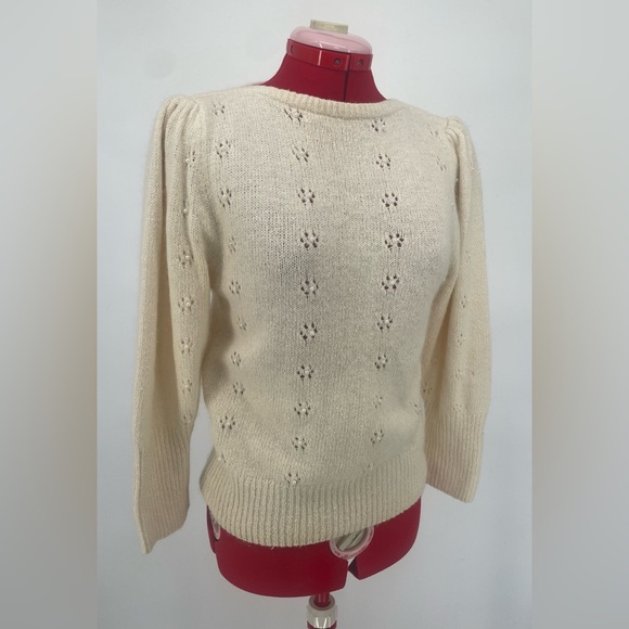 Vintage Sweaters - Vintage 80s Silk & Angora Cream Knit Sweater With Floral Cutouts & Pearl Centers
